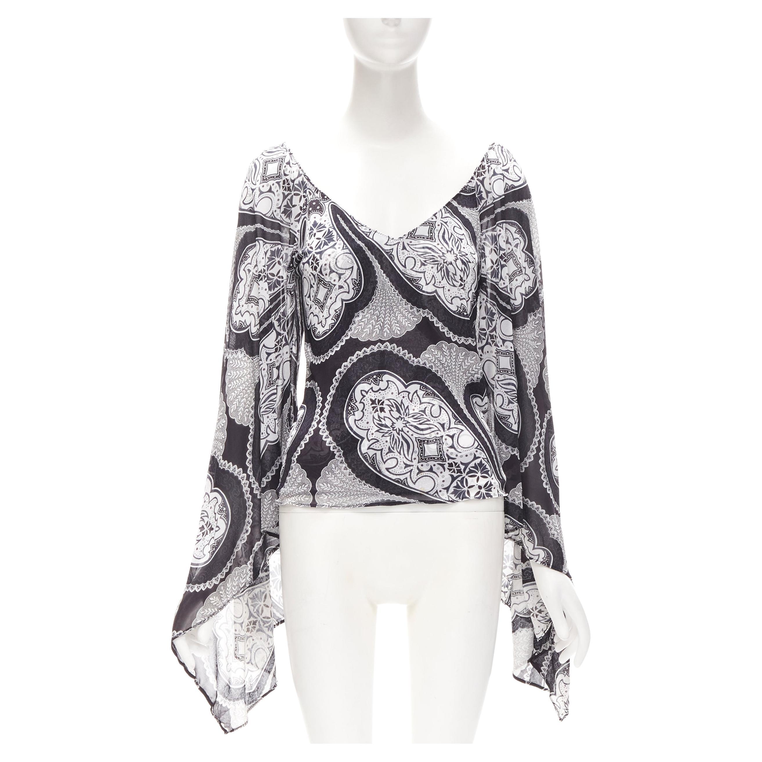 GUCCI Black white paisley print bohemian kimono sleeve blouse XS For Sale