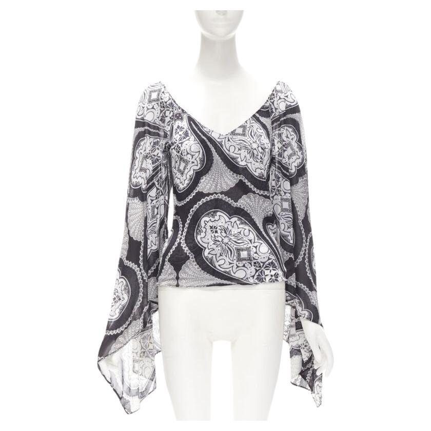 GUCCI Black white paisley print bohemian kimono sleeve blouse XS For Sale