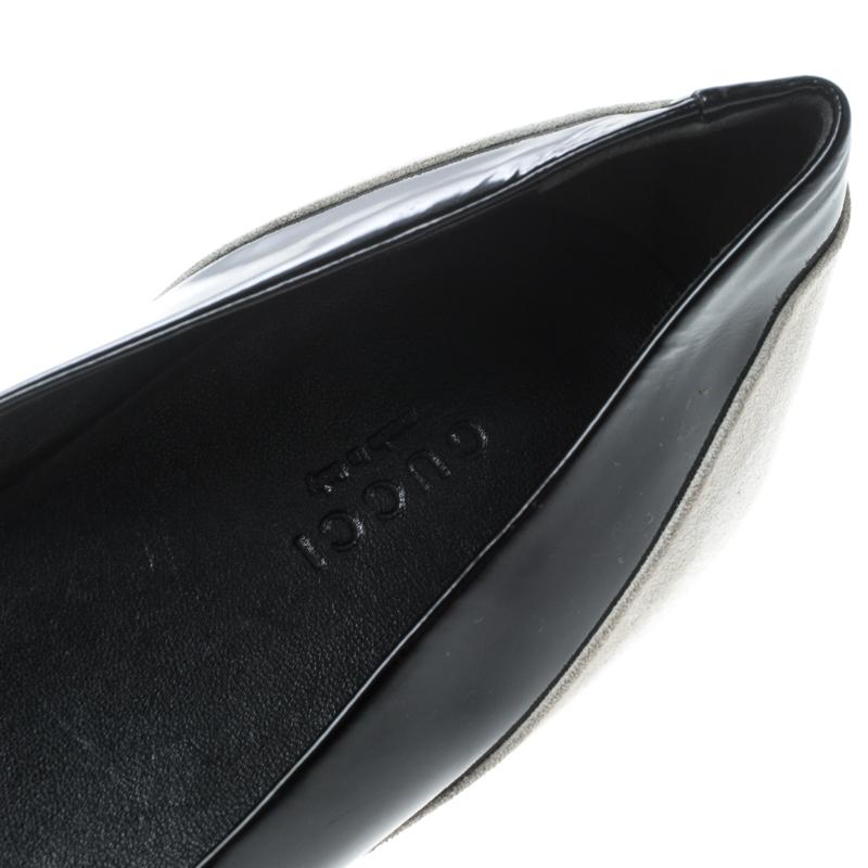 Women's Gucci Black/White Patent Leather and Suede Bamboo Horsebit Ballet Flats Size 38
