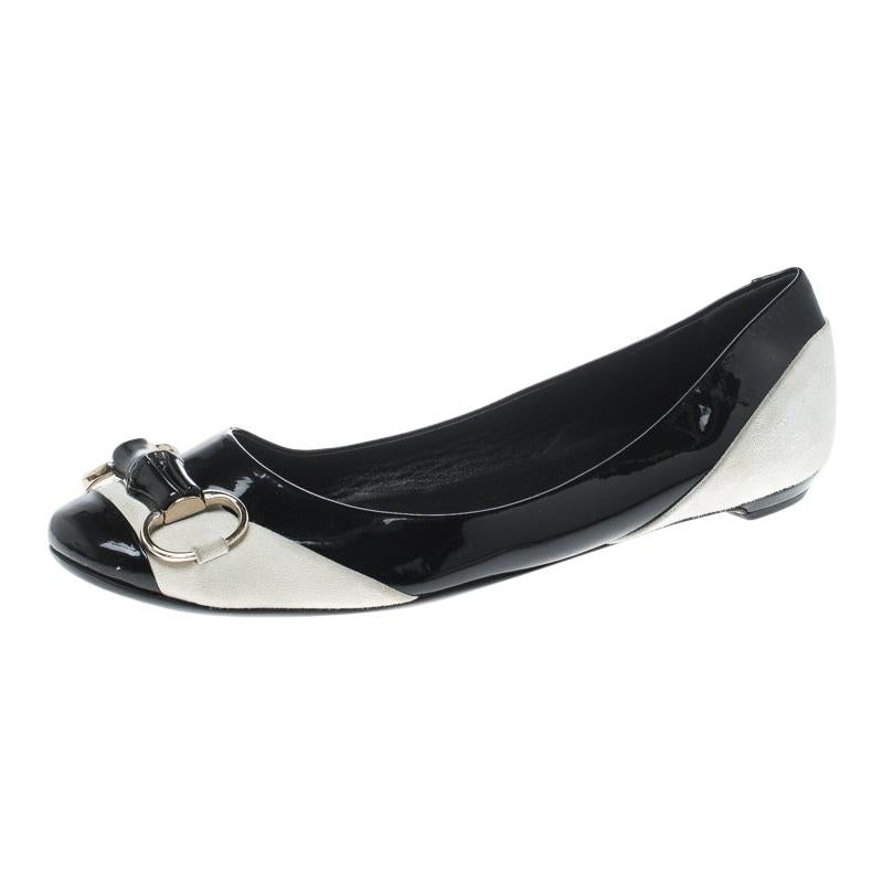 Gucci Black/White Patent Leather and Suede Bamboo Horsebit Ballet Flats ...
