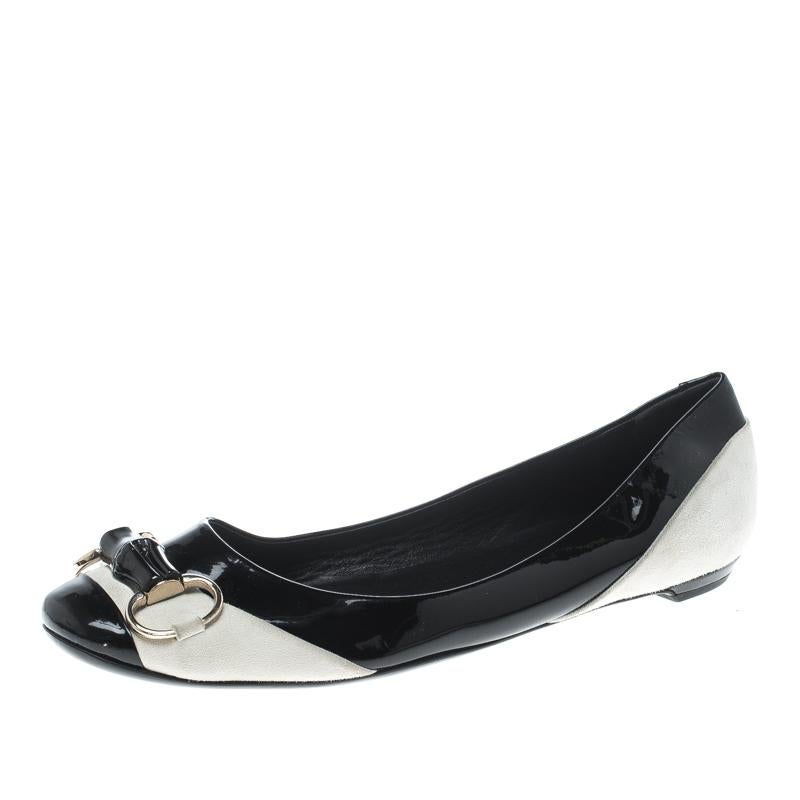 Gucci Black/White Patent Leather and Suede Bamboo Horsebit Ballet Flats Size 38