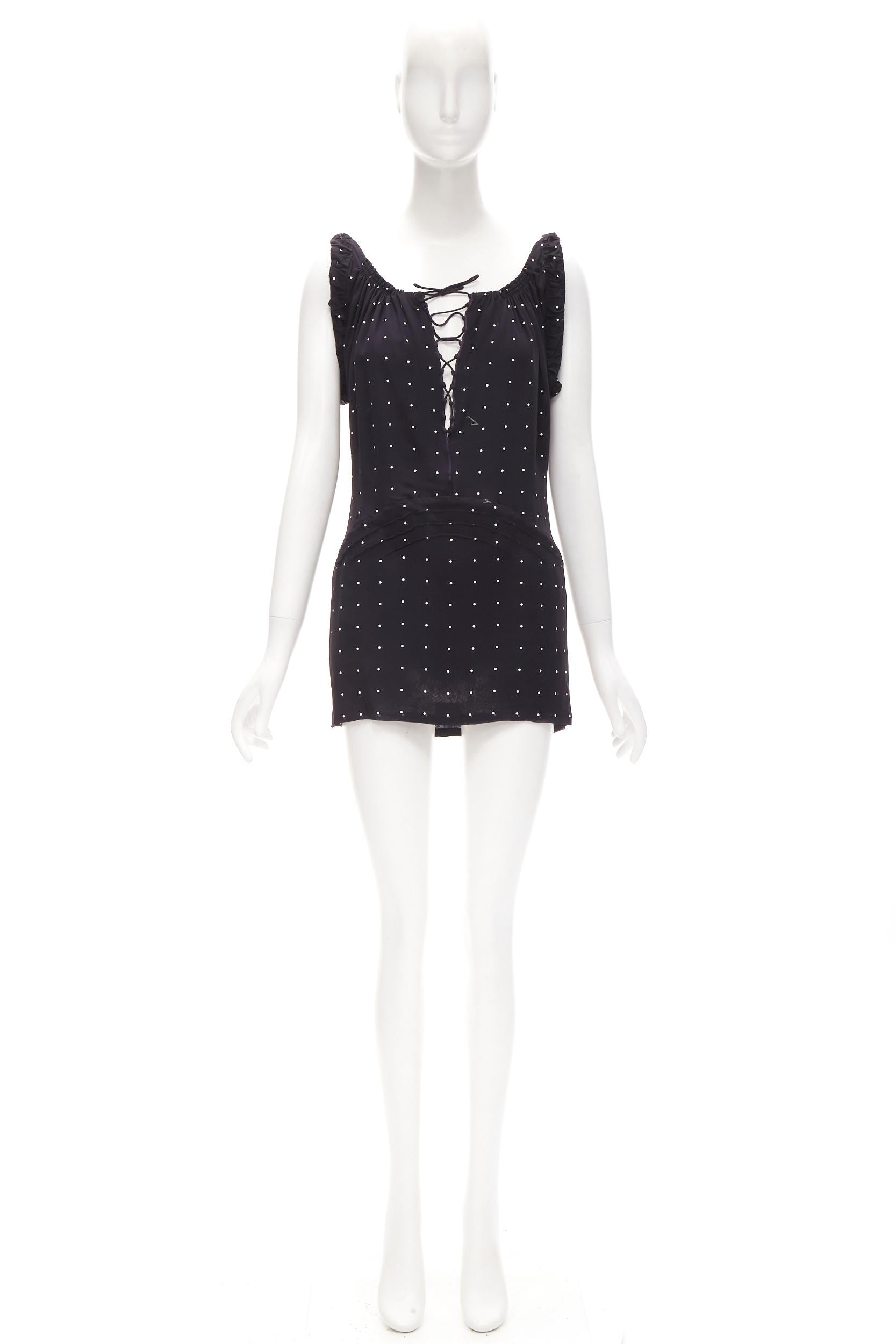 GUCCI black white polka dot cursive logo print laced front mini dress IT38 XS For Sale 3