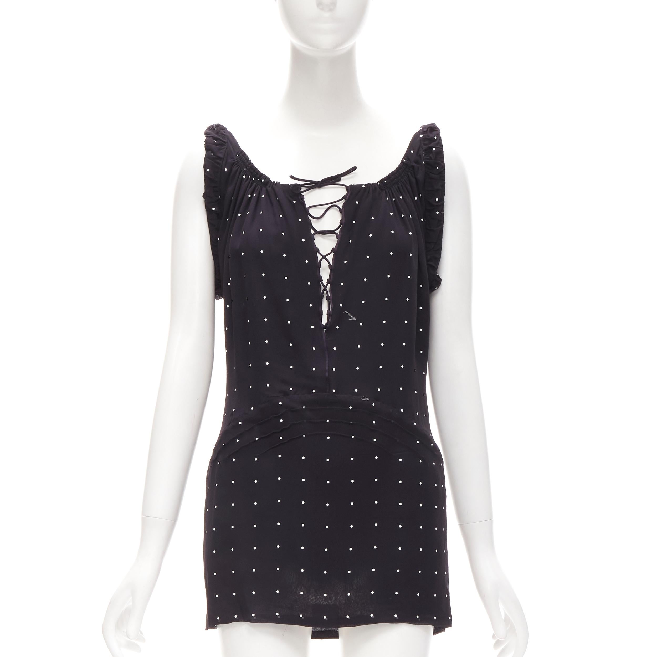 GUCCI black white polka dot cursive logo print laced front mini dress IT38 XS For Sale