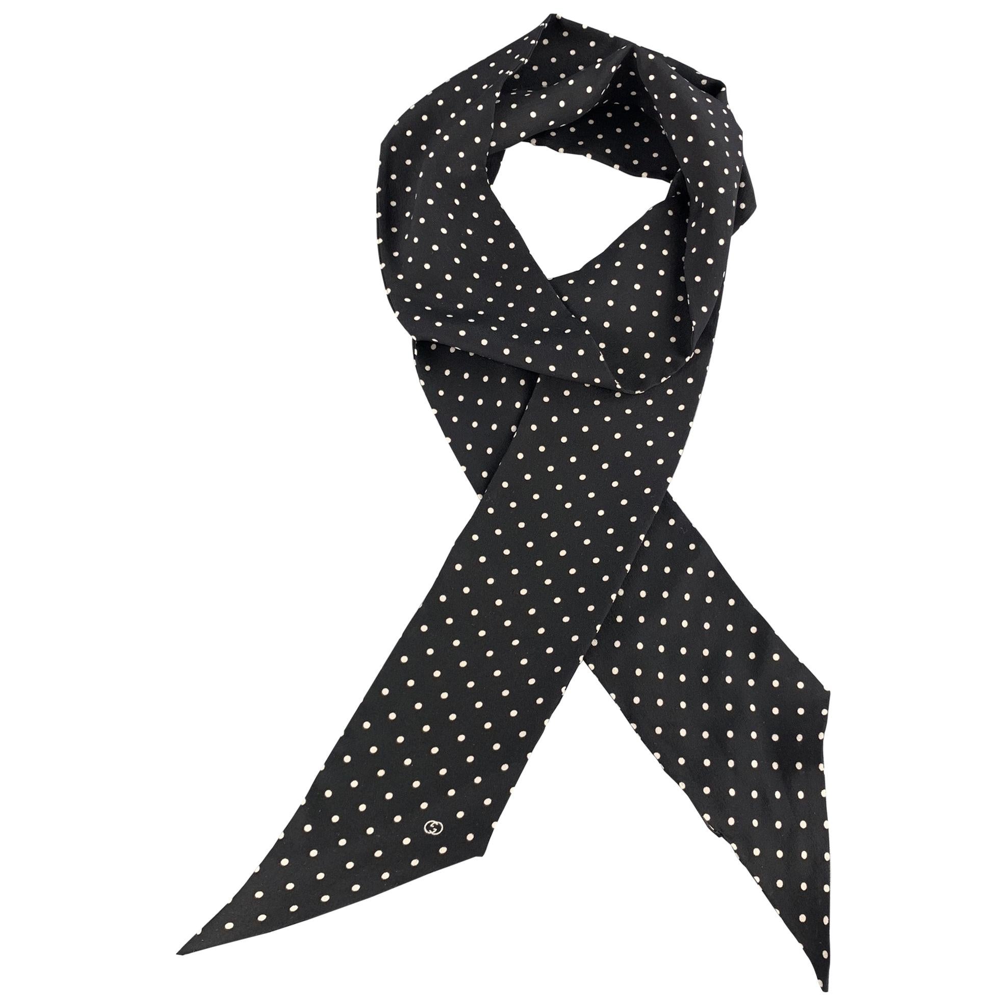 GUCCI Black & White Polka Dot Silk Twilly Neck Tie Scarf