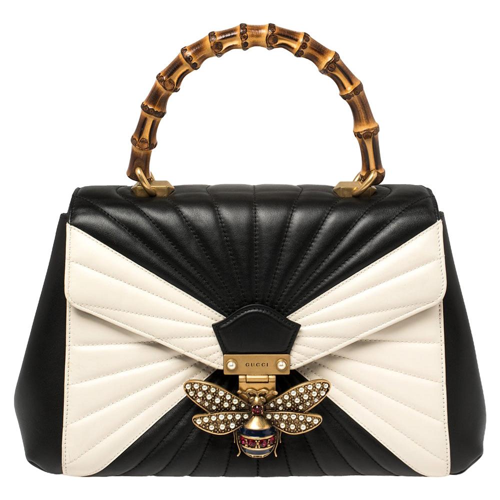 Gucci Black/White Quilted Leather Medium Queen Margaret Bamboo Top Handle Bag