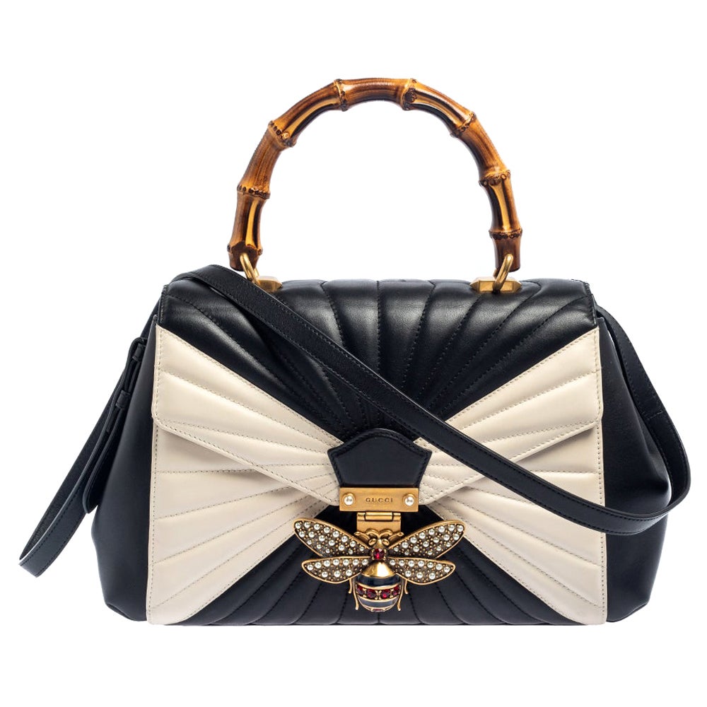 Gucci Schwarz/Weiß Gestepptes Leder Medium Queen Margaret Bamboo Top Handle Bag