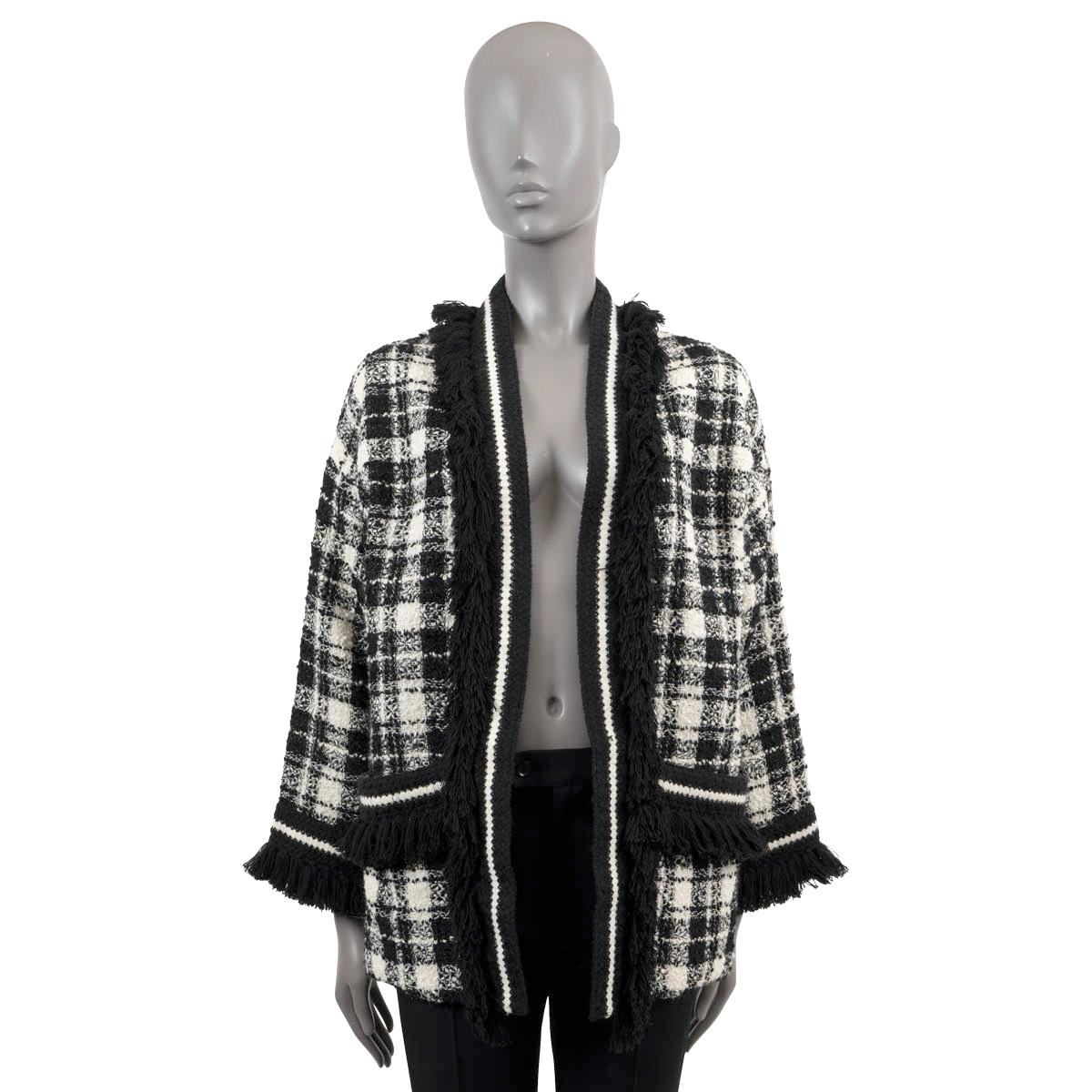 Black GUCCI black & white wool 2021 FRINGE TRIM OVERSIZED OPEN TWEED Jacket 38 XS