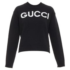 GUCCI black white wool block logo intarsia crew neck pullover sweater S