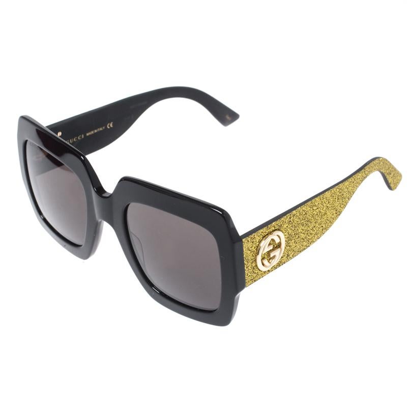 Gucci Black with Glitter / Grey GG GG0102S Oversized Square Sunglasses In Excellent Condition In Dubai, Al Qouz 2