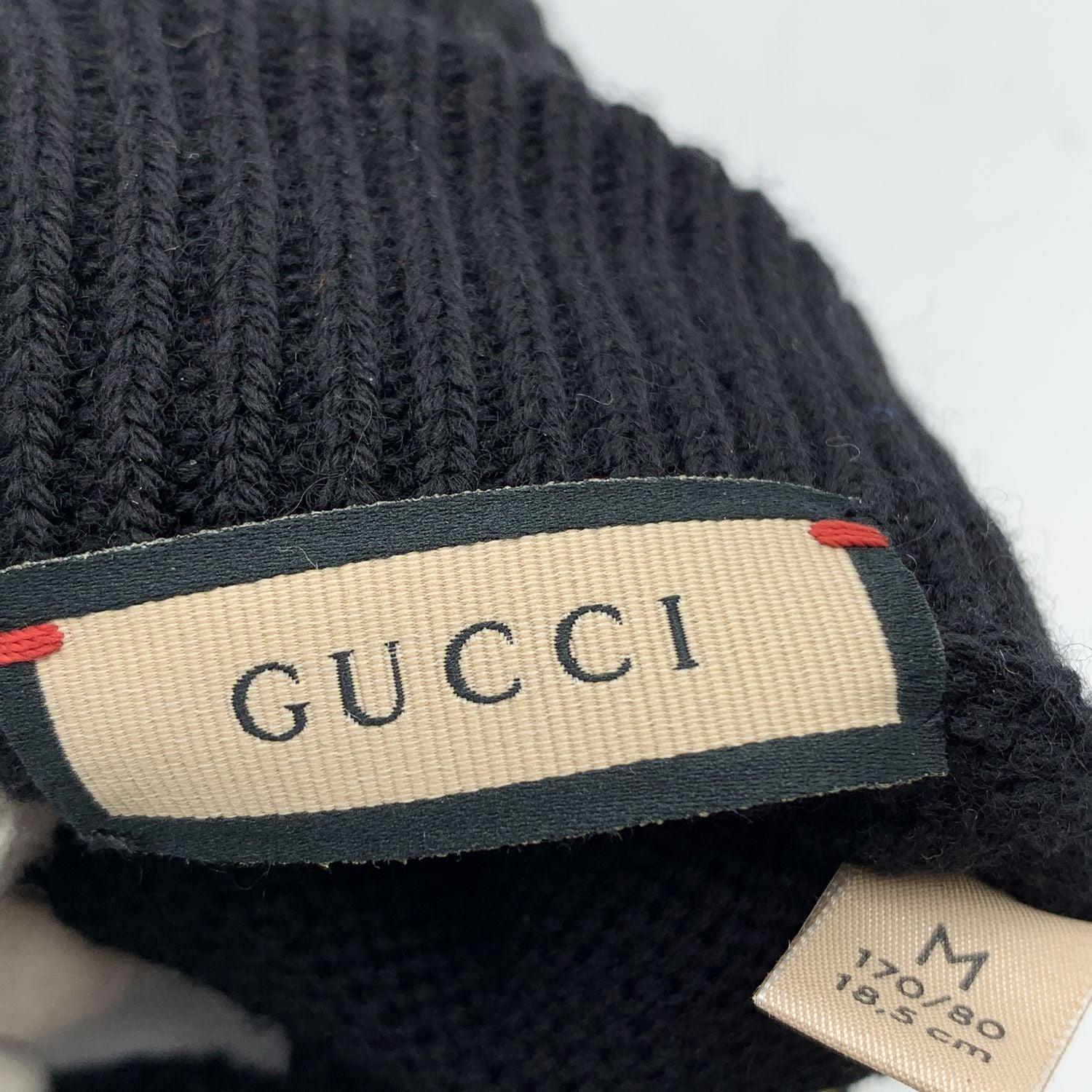 Gucci Black Wool and Leather Unisex Logo Knit Gloves Size M For Sale 1