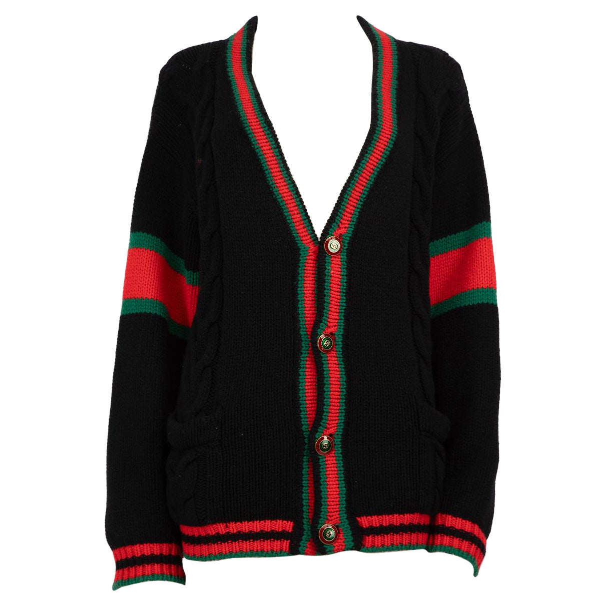 Gucci Black Wool Cable Knit Wed Stripe Cardigan Size M