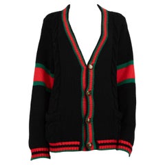 Gucci Black Wool Cable Knit Wed Stripe Cardigan Size M