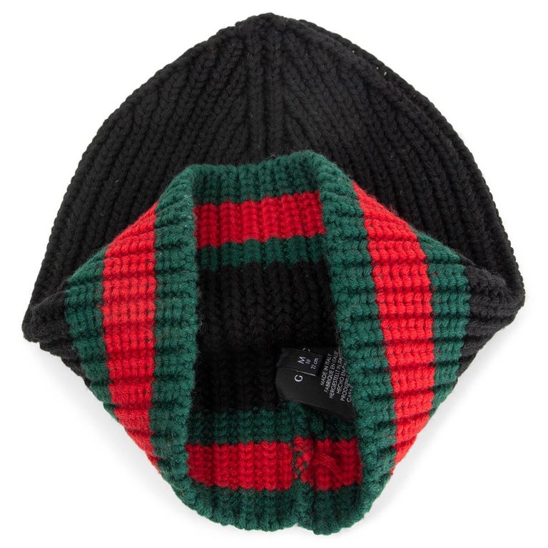 GUCCI black wool WEB STRIPE SKULL CAP KNIT Hat M / 58 at 