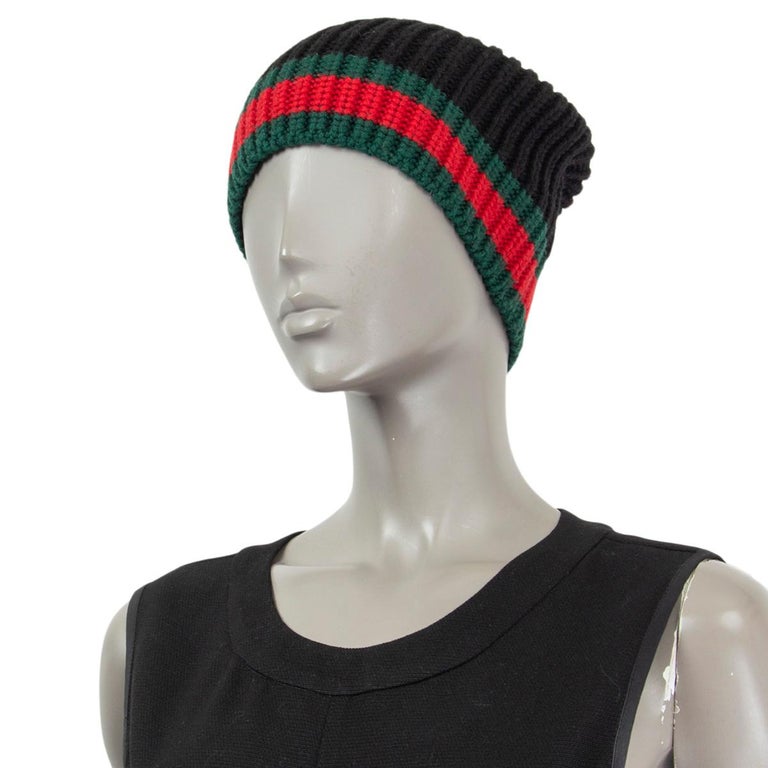 GUCCI black wool WEB STRIPE SKULL CAP KNIT Hat M / 58 at  display picture 3
