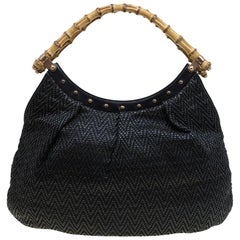 Gucci Black Woven Leather Bamboo Hobo
