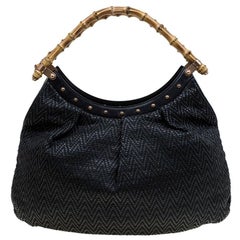 Gucci Black Woven Leather Bamboo Hobo