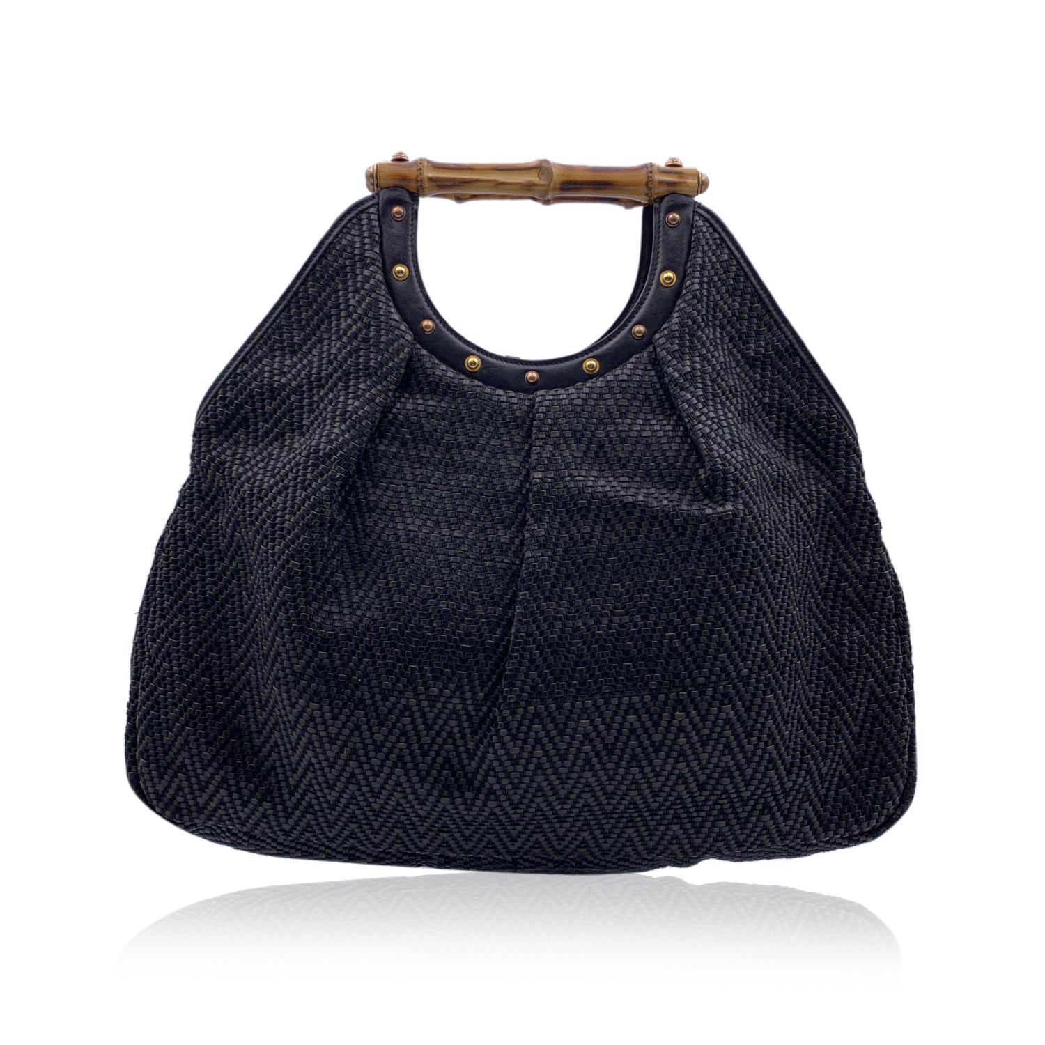 Gucci Black Woven Leather Bamboo Studded Tote Bag Handbag In Excellent Condition In Rome, Rome