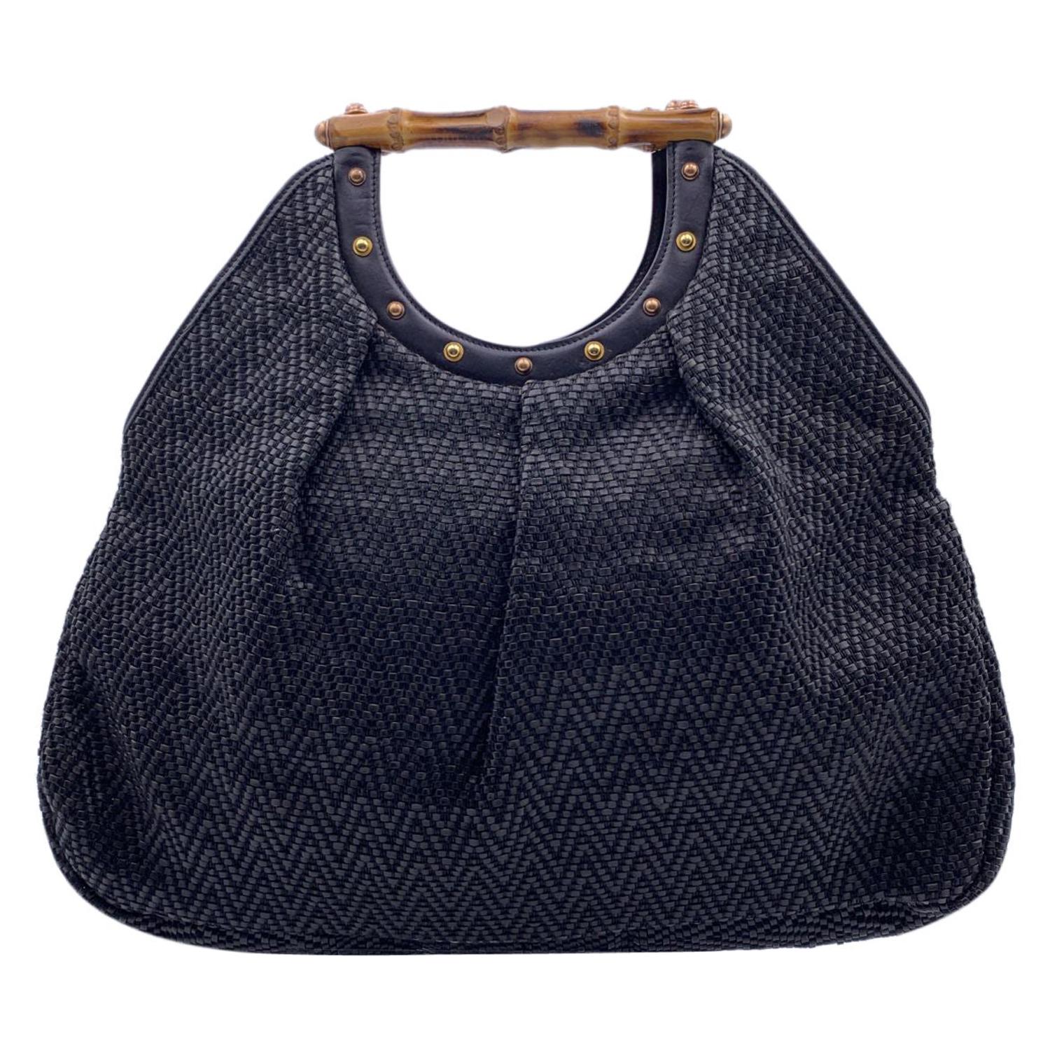 Gucci Black Woven Leather Bamboo Studded Tote Bag Handbag