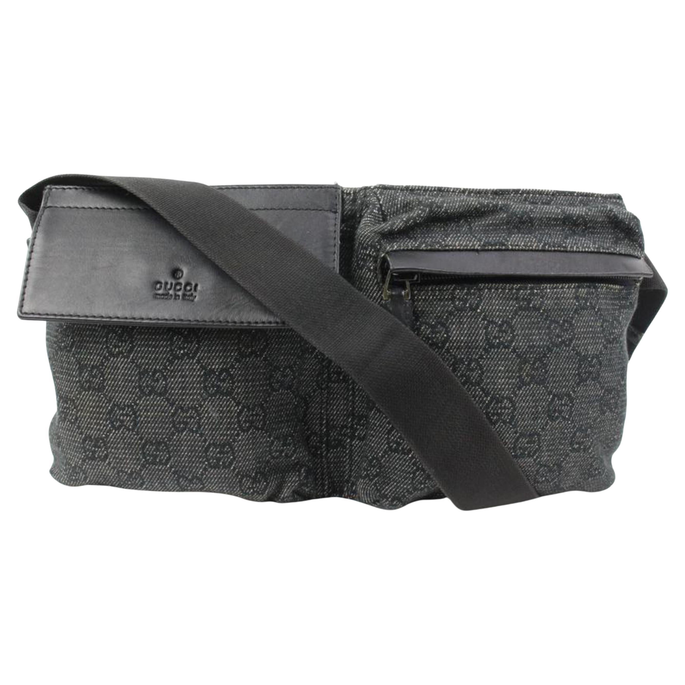 Vintage GUCCI GG Monogram Blue Grey Black Denim Canvas Leather Belt Bum  Fanny Pack Waist Bag