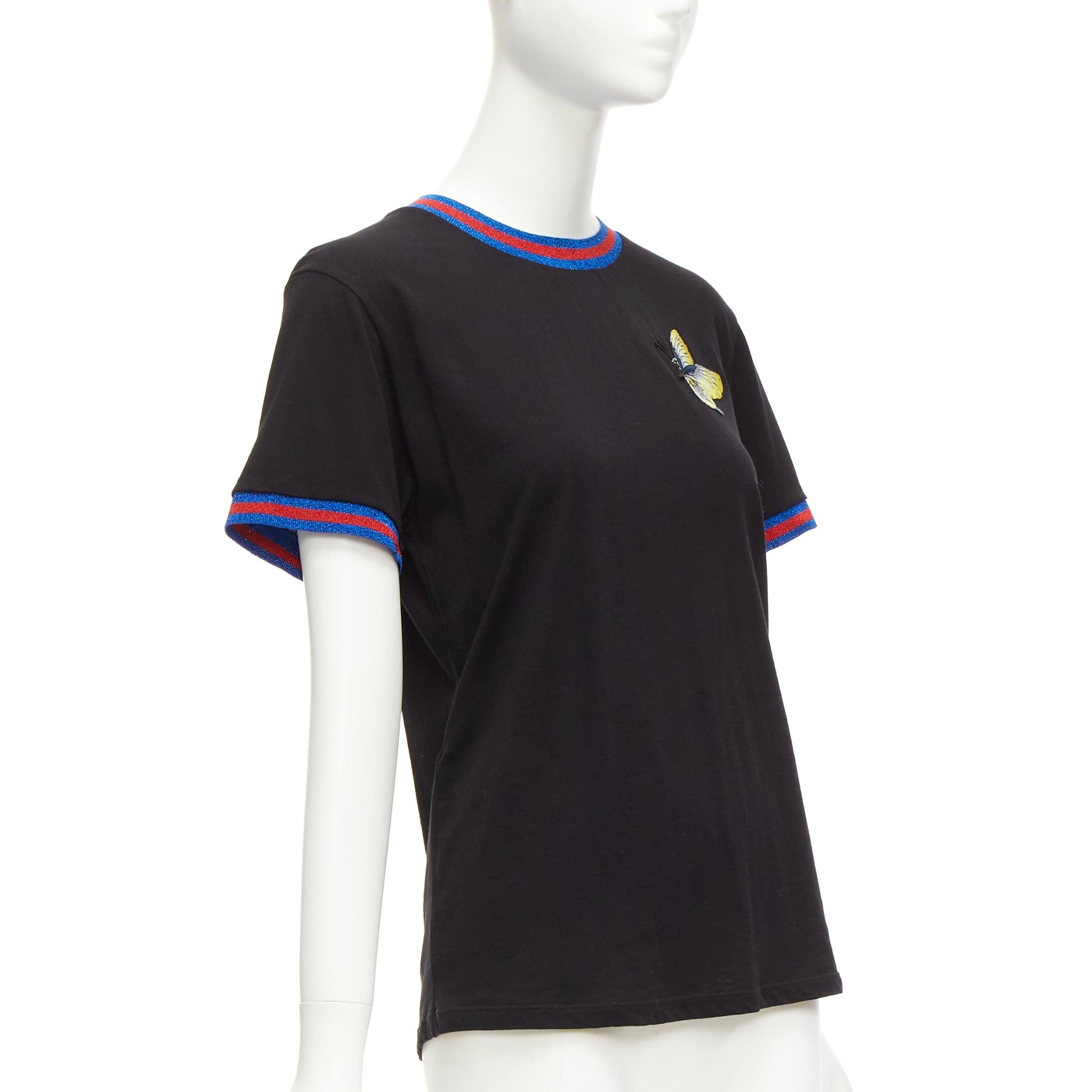 GUCCI black yellow butterfly embroidery patch blue red web tshirt XS In Excellent Condition For Sale In Hong Kong, NT