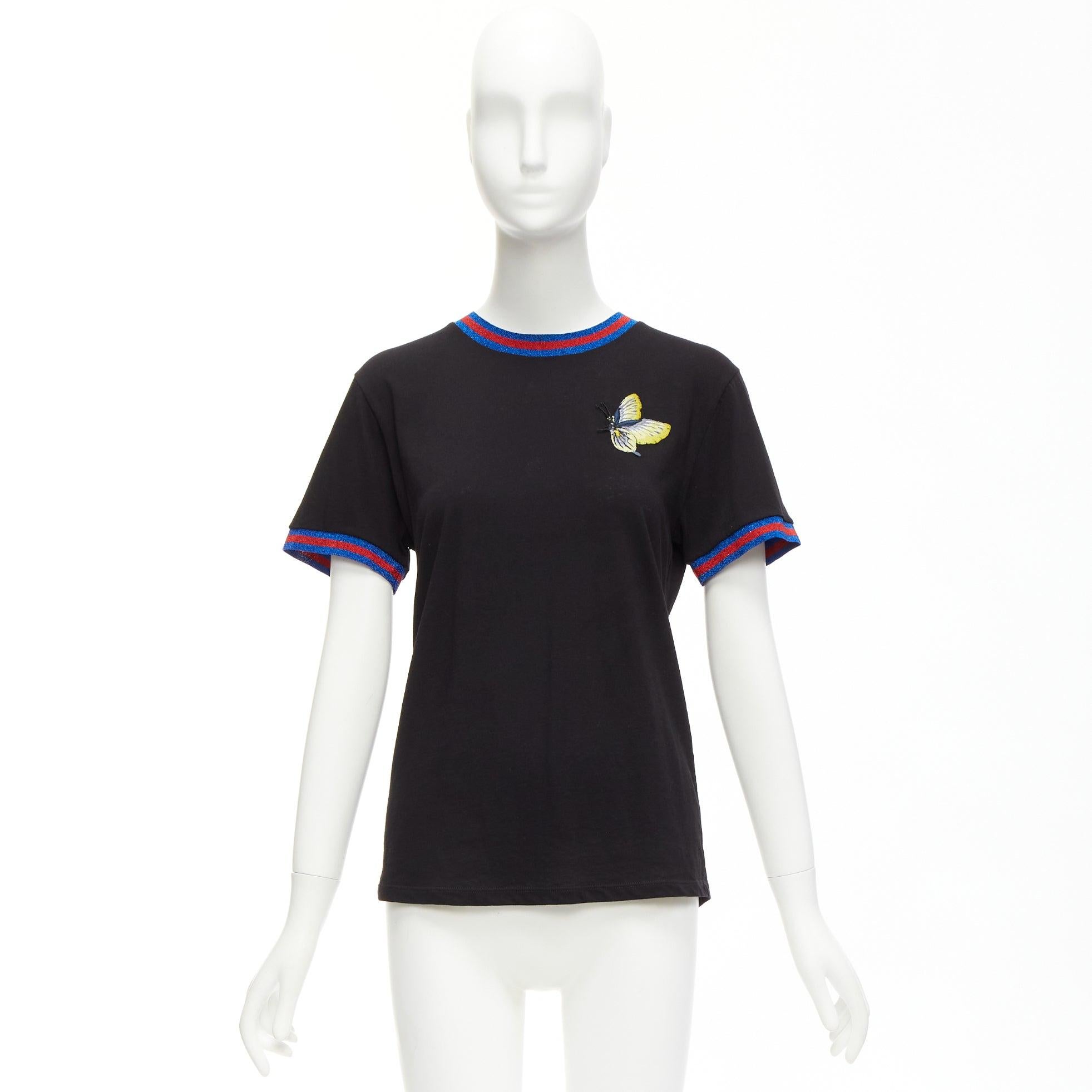 GUCCI Schwarzes gelbes Hemd mit Schmetterlingsstickerei Patch in Blau und Rot aus Netz XS im Angebot 5