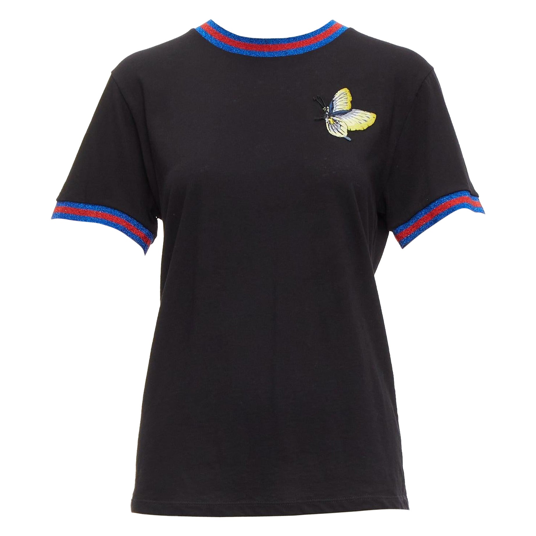 GUCCI black yellow butterfly embroidery patch blue red web tshirt XS