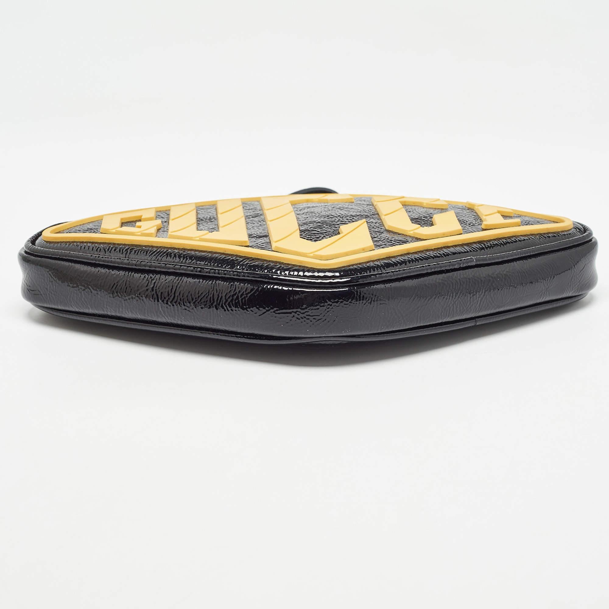 Gucci Black/Yellow Patent Leather and Rubber Game Patch Wristlet Clutch 2