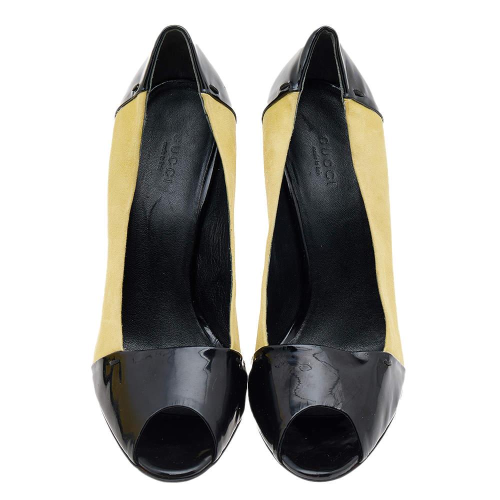 Gucci Black/Yellow Patent Leather And Suede Peep Toe Pumps Size 38.5 For Sale 1