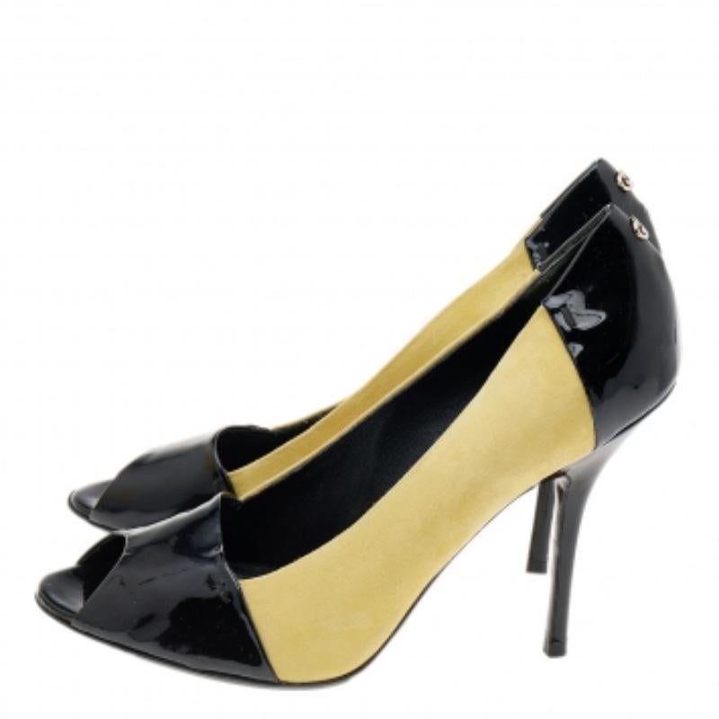 Gucci Negro/Amarillo Charol Y Ante Bombas Peep Toe Tamaño 38.5 3
