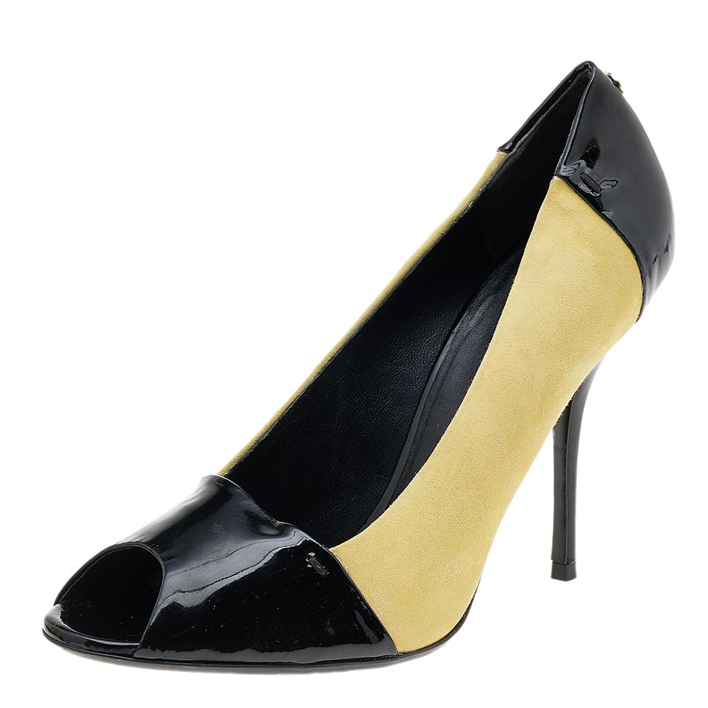 Gucci Black/Yellow Patent Leather And Suede Peep Toe Pumps Size 38.5 For Sale 2