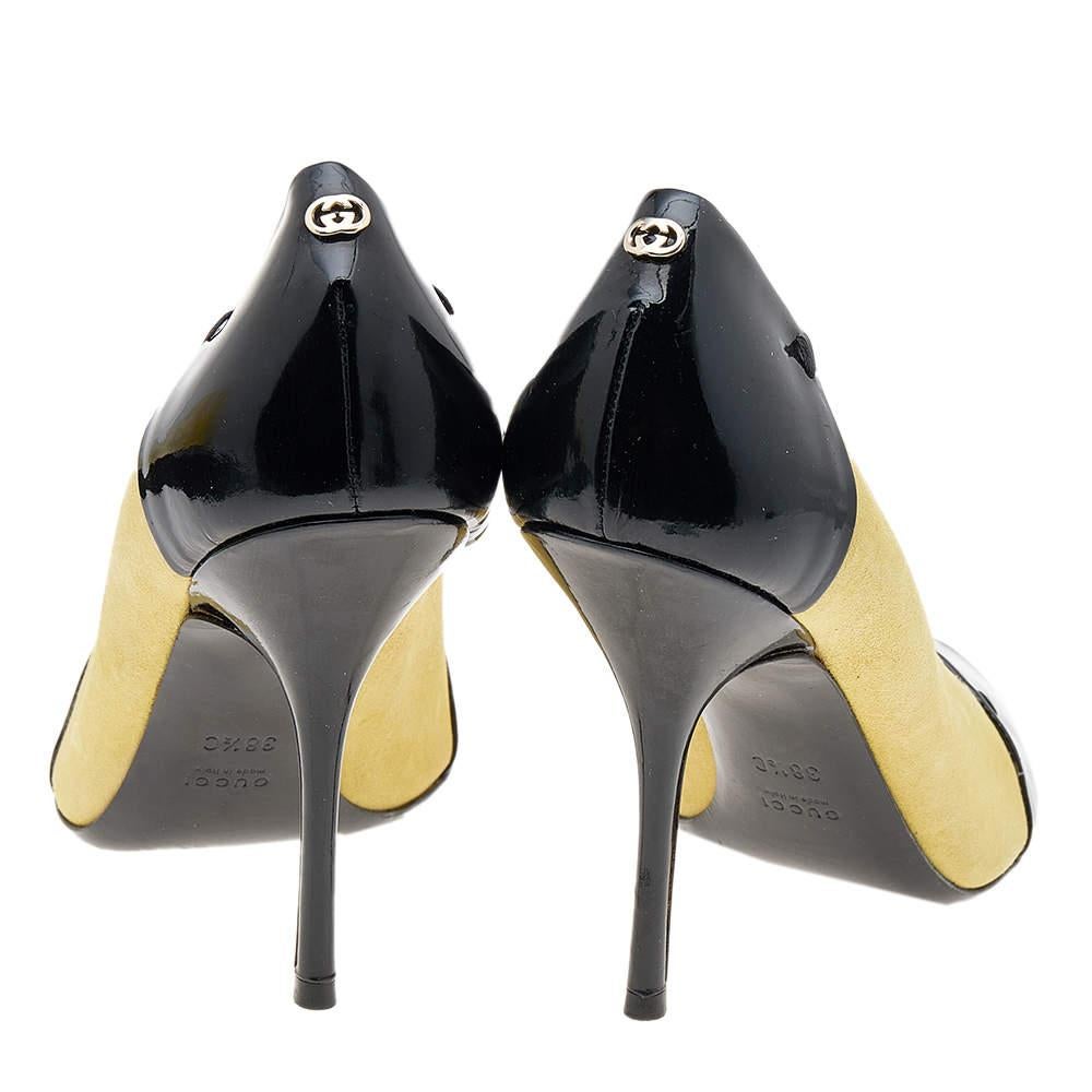 Gucci Black/Yellow Patent Leather And Suede Peep Toe Pumps Size 38.5 For Sale 3