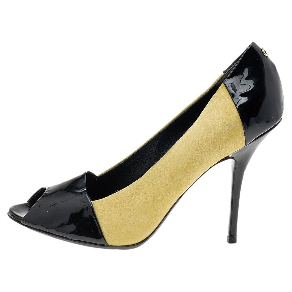 Gucci Black/Yellow Patent Leather And Suede Peep Toe Pumps Size 38.5 For Sale
