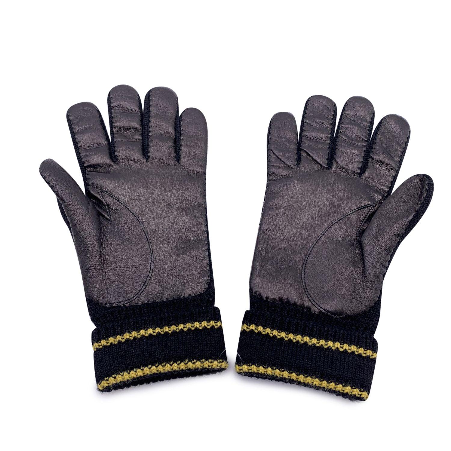 Gucci Negro Amarillo Lana y Cuero Unisex Logo Guantes de Punto Talla M en Excelente estado para la venta en Rome, Rome