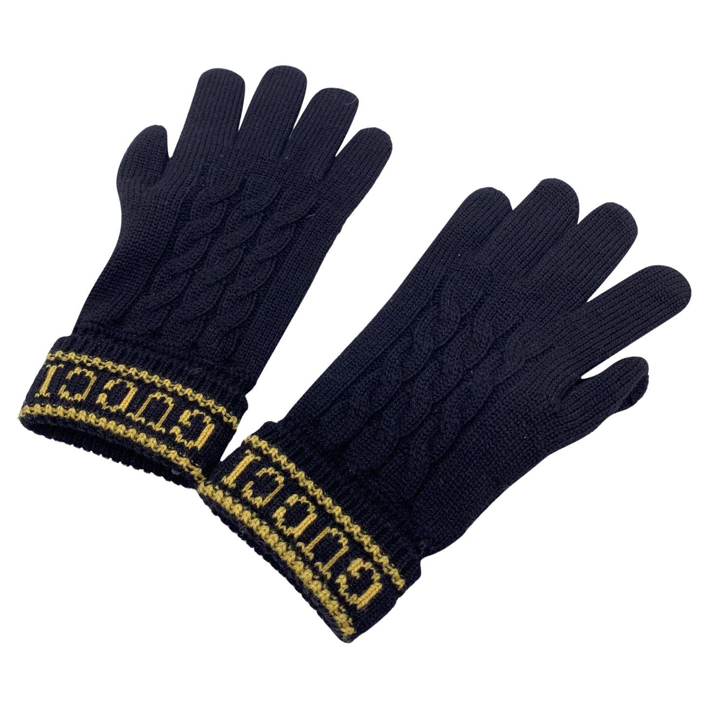 Gucci Negro Amarillo Lana y Cuero Unisex Logo Guantes de Punto Talla M en venta