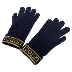 Gucci Black Yellow Wool and Leather Unisex Logo Knit Gloves Size M