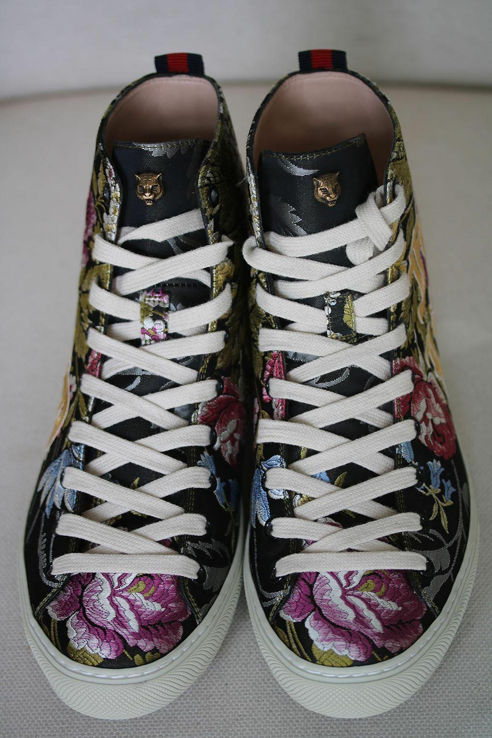 Floral jacquard round toe lace up high-top sneaker. Metallic leather 