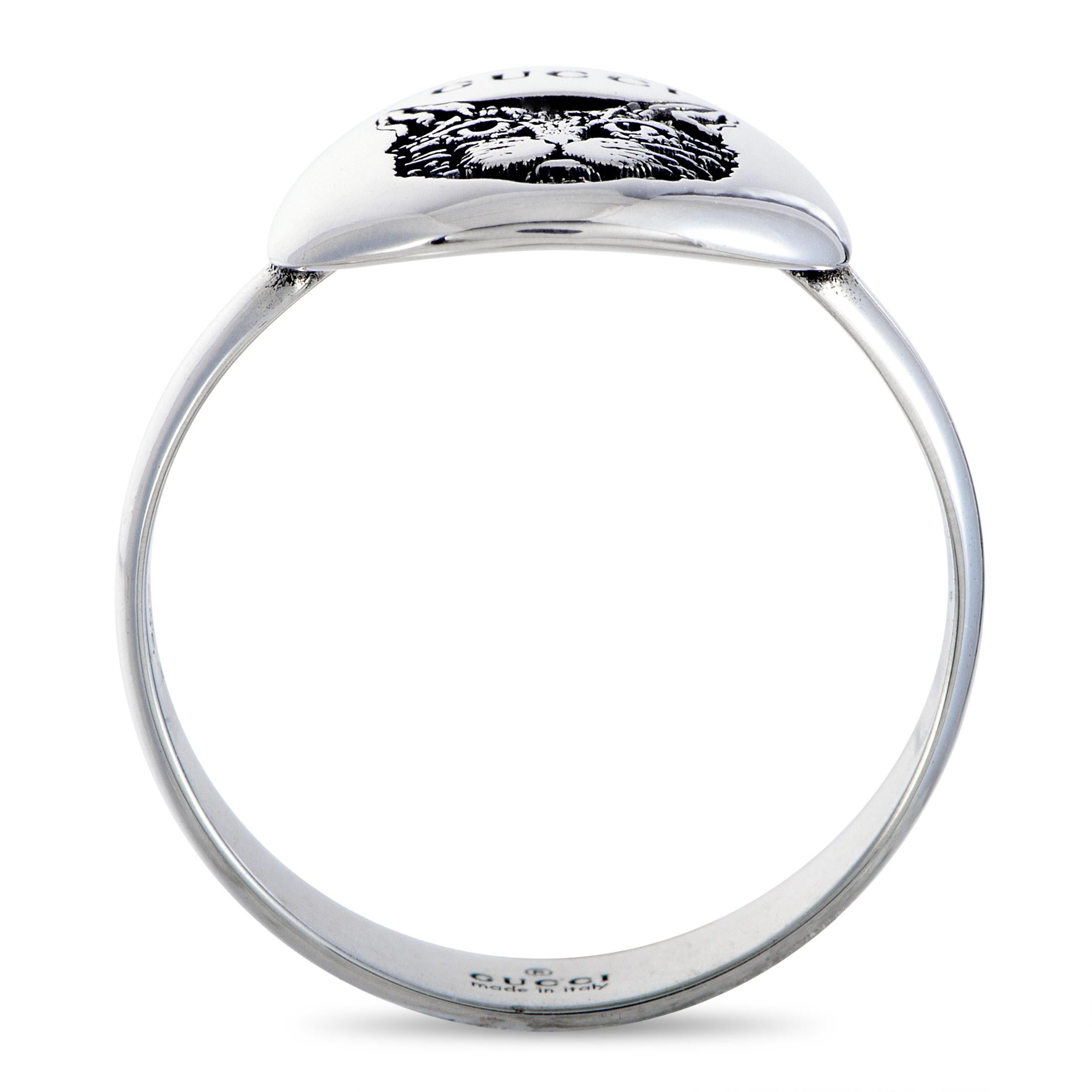 The Gucci “Blind For Love” ring is crafted from silver and weighs 2.8 grams. The ring boasts band thickness of 3 mm and top height of 2 mm, while top dimensions measure 12 by 12 mm.
 
 This item is offered in brand new condition and includes the