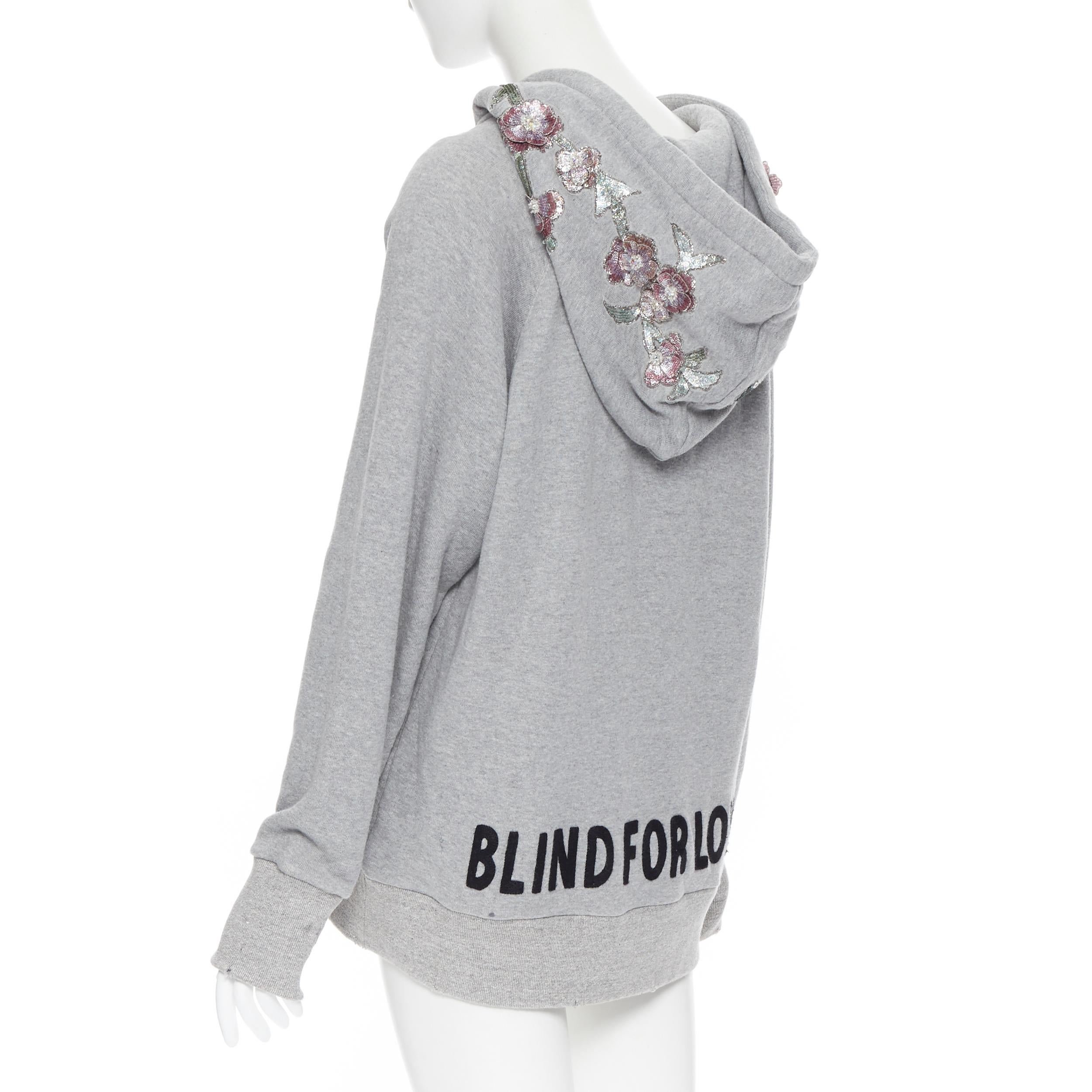 Gray GUCCI Blind For Love Tiger sequins floral embroidered distressed hoodie S