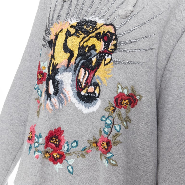 GUCCI Blind For Love Tiger Sequins Floral Embroidered Distressed Hoodie gucci-blind-for-love-tiger-sequins-floral-embroidered-distressed-hoodie