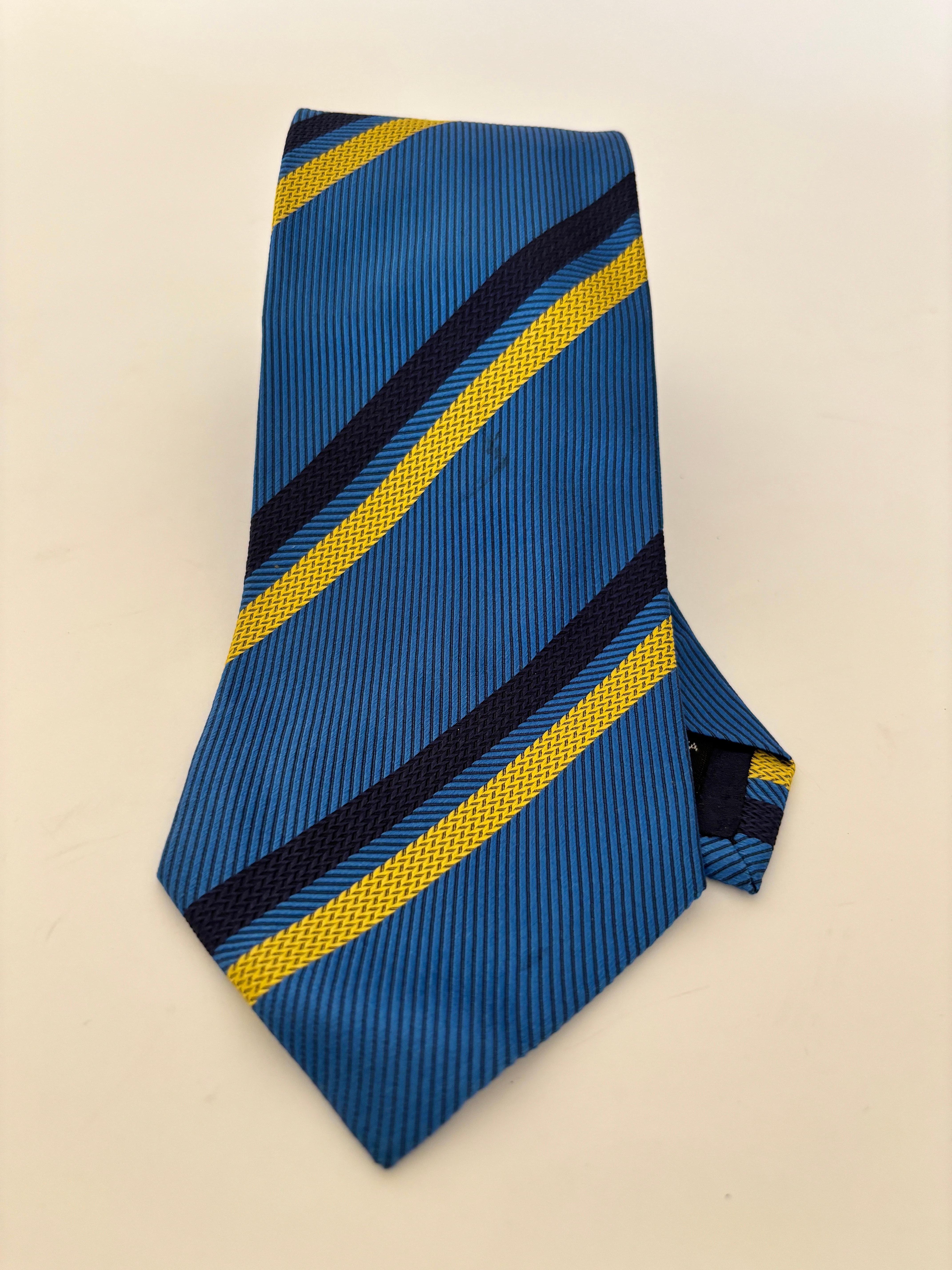 GUCCI Corbata de seda azul y dorada Diseño abstracto Italia años 90 Azul en venta