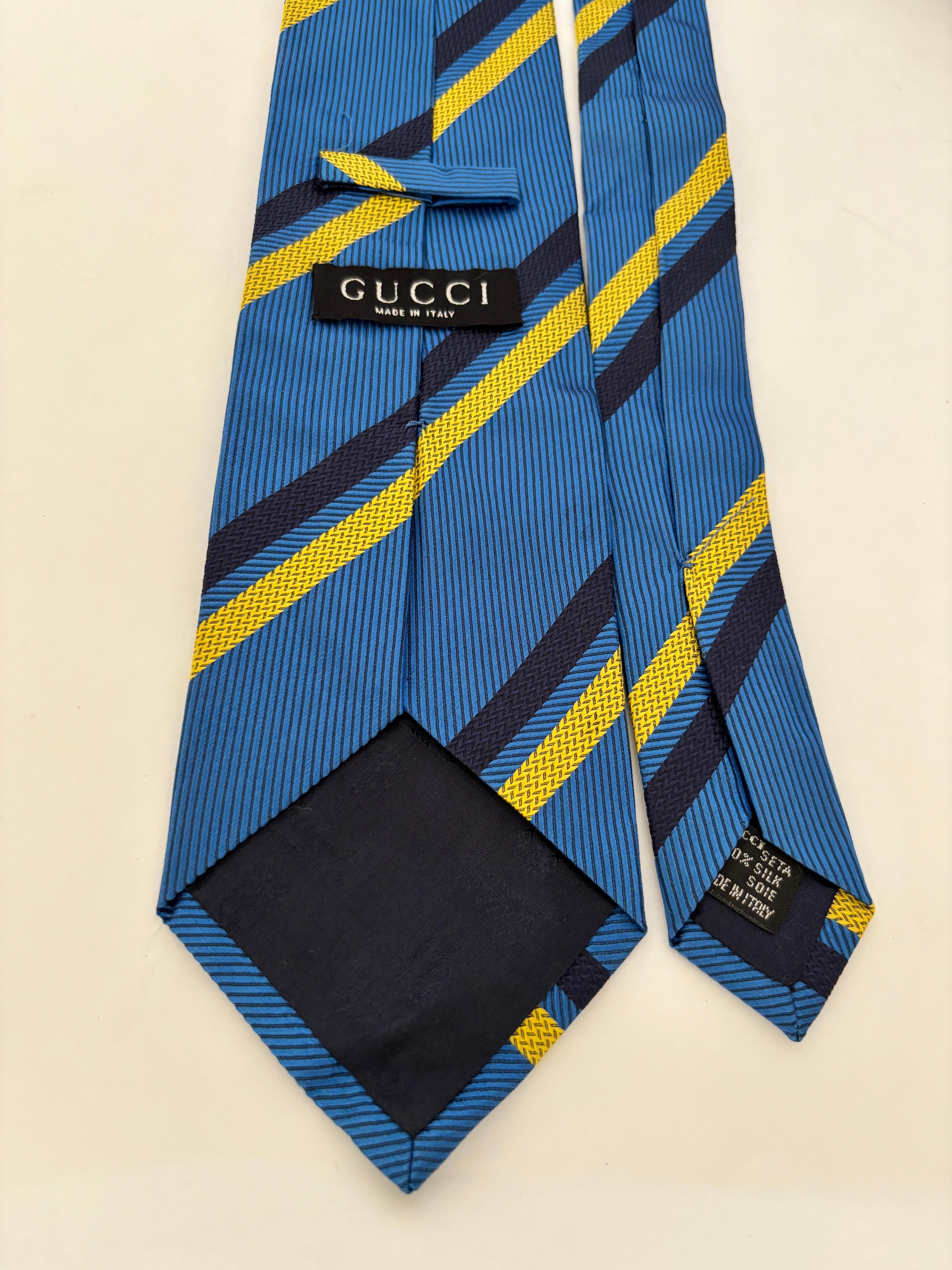 De los hombres GUCCI Corbata de seda azul y dorada Diseño abstracto Italia años 90 en venta