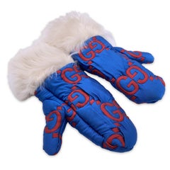 Gucci Blue and Red Monogram Ski Gloves Shearling Trim Size 8.5 S