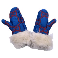 Gucci Blue and Red Monogram Ski Gloves Shearling Trim Size 8.5 S