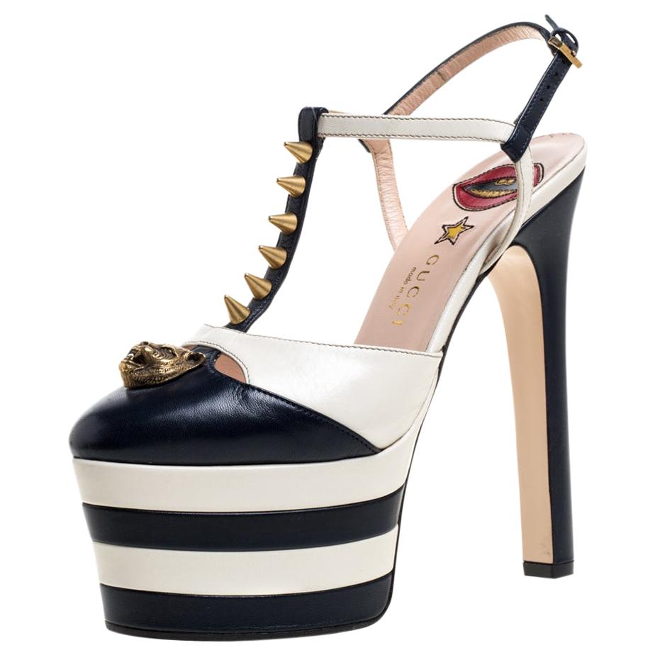 Gucci Blue And White Leather Spike Studded Platform Ankle Strap Sandals Size 37