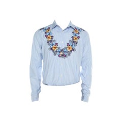 Gucci Blue and White Striped Floral Printed Long Sleeve Skinny Shirt L