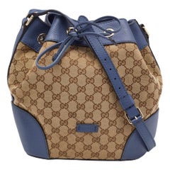 Gucci Blue/Beige GG Canvas and Leather Drawstring Bucket Bag