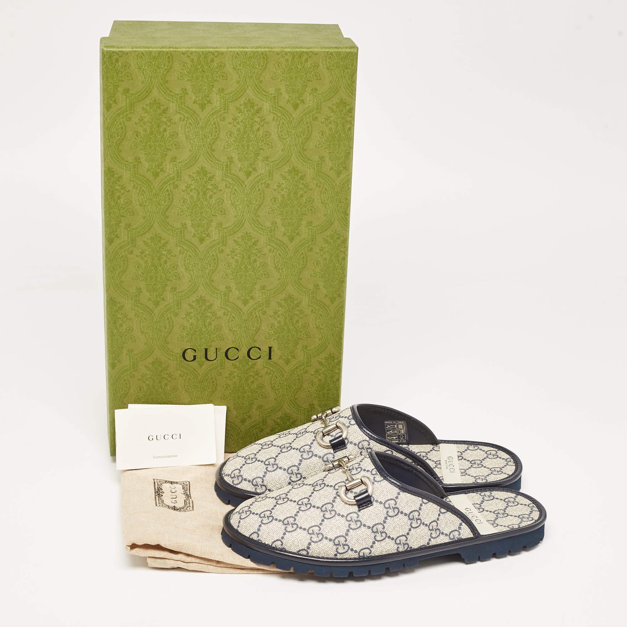 Gucci Blue/Beige GG Canvas and Leather Horsebit Flat Mules Size 40 4