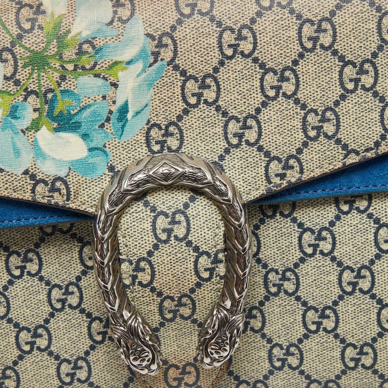 Gucci Blue/Beige GG Supreme Canvas and Suede Small Dionysus Blooms Shoulder Bag For Sale 8