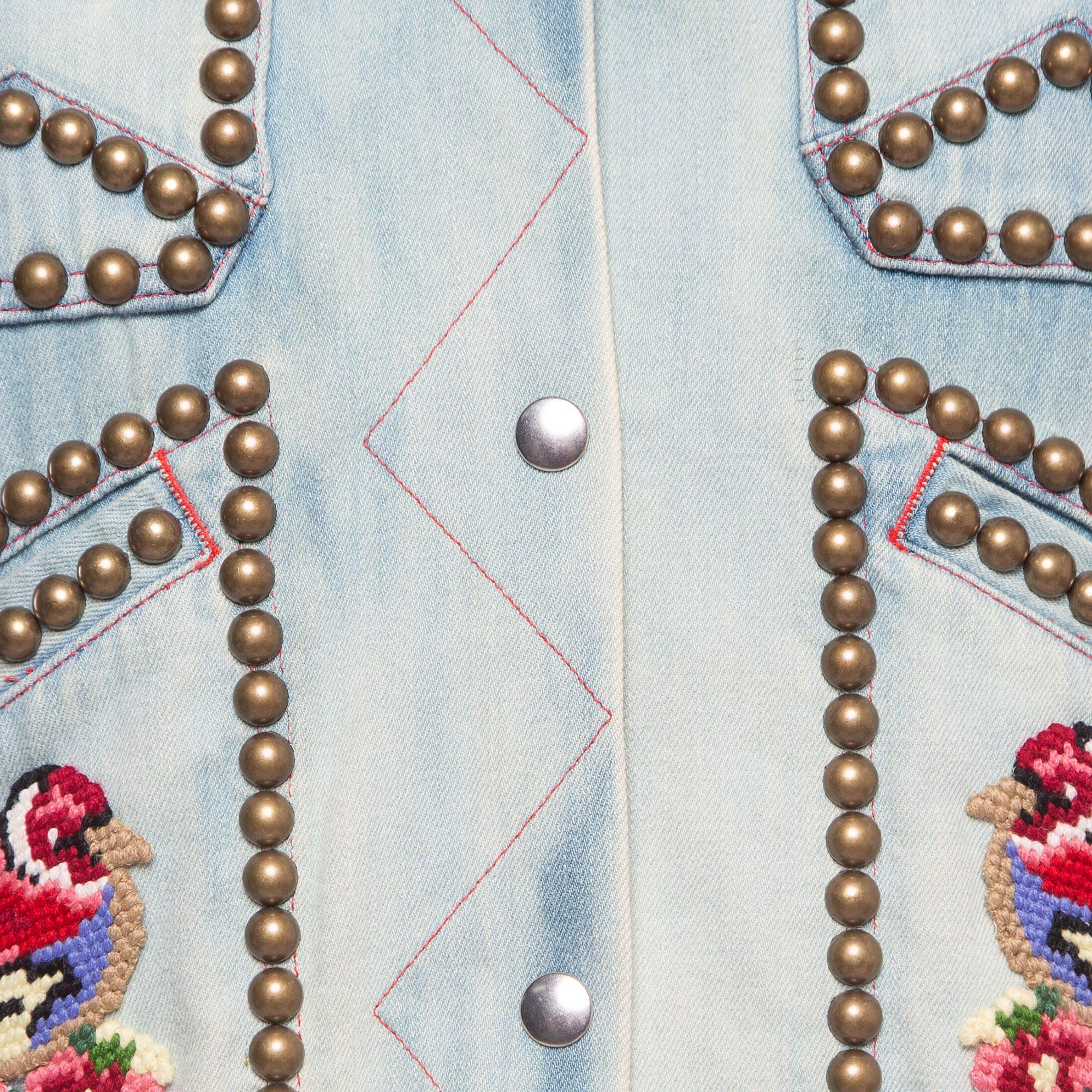 Gray Gucci Blue Bird Applique Denim Studded Jacket M For Sale
