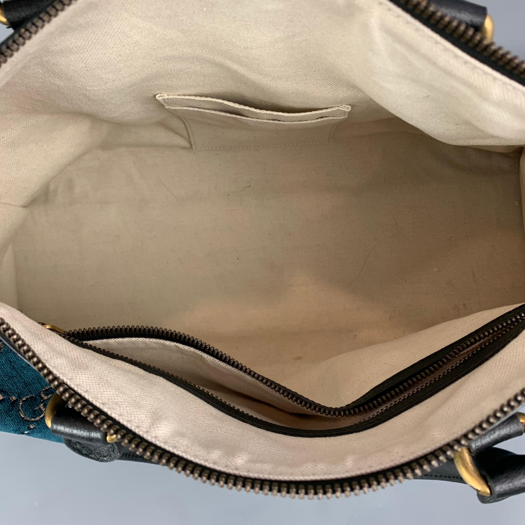 GUCCI Blue Black GG Monogram Velvet Duffle Medium Boston Bag In Excellent Condition In San Francisco, CA